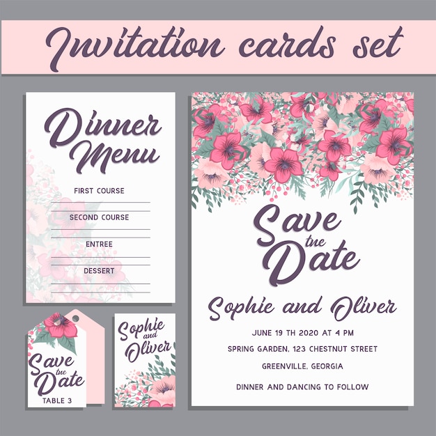 Hochzeitseinladungskarten Suite Mit Blumenvorlagen Premium Vektor