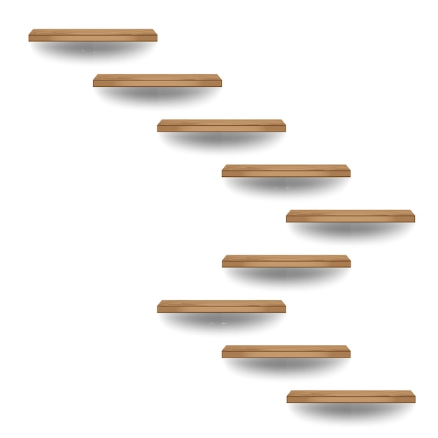 Hölzerne treppe auf weißer wand im innenraum, vektorillustration Premium Vektoren