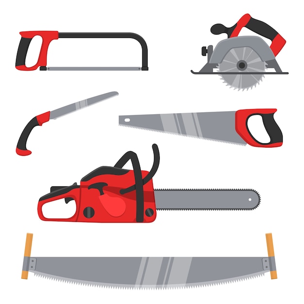 Holzfaller Und Holzbearbeitungswerkzeuge Isoliert Axeman Instrumentsage Set Tischlerwerkzeuge Zum Sagen Von Holzprodukten Holzindustrie Premium Vektor