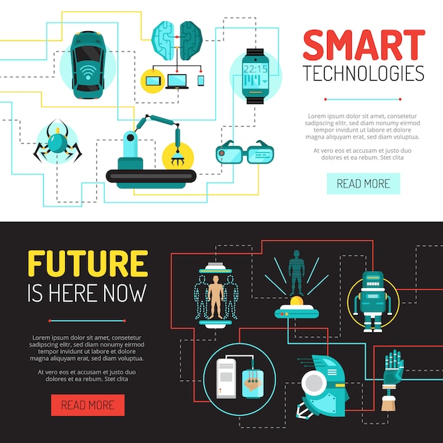 Horizontale banner mit künstlicher intelligenz, die mit flachen bildern von technologischen innovationen und robotik dargestellt werden Kostenlosen Vektoren