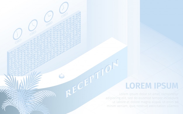 Hotelaufnahme-schreibtisch-vektor-isometrische illustration Premium Vektoren