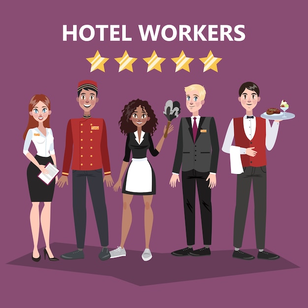 Hotelpersonal Menschen In Uniform Rezeptionistin Und Kellner Premium Vektor