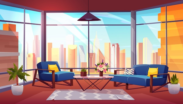Hotelreihe in der wolkenkratzerkarikaturvektor-innenraumillustration Kostenlosen Vektoren