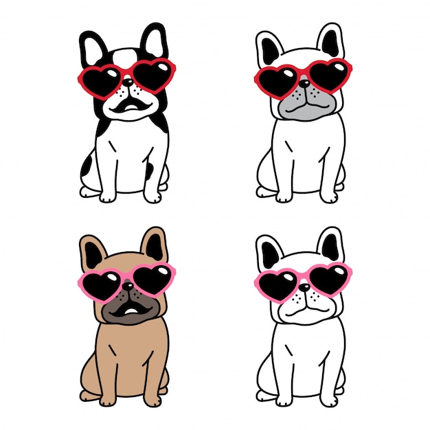 Hund cartoon französisch bulldogge herz sonnenbrille charakter