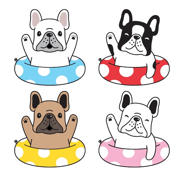 Hund französisch bulldogge schwimmring cartoon PremiumVektor