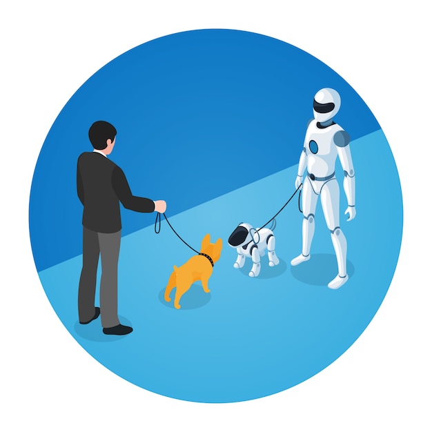 Hundebesitzer und inländischer roboter mit roboterhund Kostenlosen Vektoren