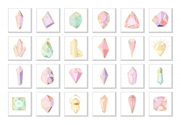 Icon set - bunte kristalle oder edelsteine auf weiß, sammlung von edelsteinen, diamanten Premium Vektoren