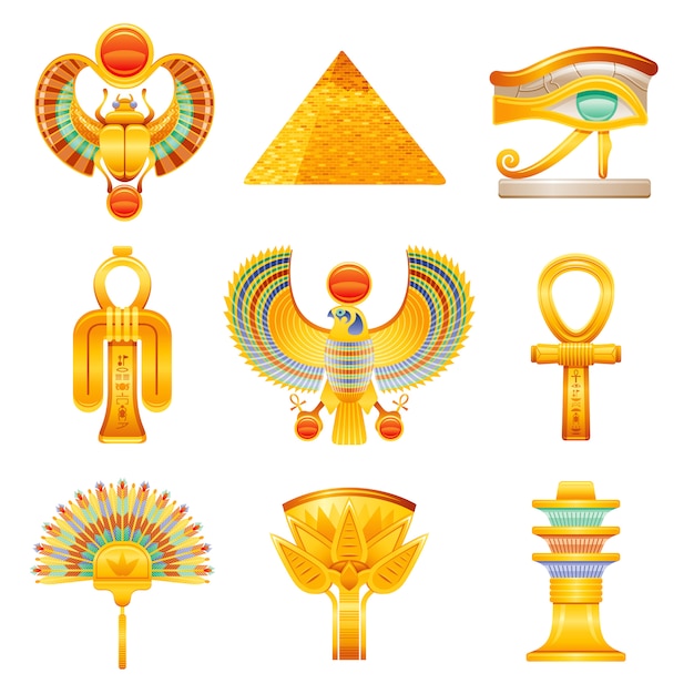 Ikonensatz Des Alten Agypten Agyptische Pharao Vektorsymbole Ra Sonne Skarabaus Pyramide Horus Wadjet Auge Isis Tyet Knoten Falke Ankh Facher Lotusblume Osiris Djed Saule Premium Vektor