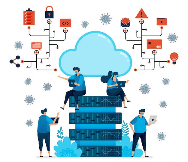 Illustration Der Cloud Computing Plattform Zur Unterstutzung Neuer Normaler Arbeiten Datenbanktechnologie Fur Covid 19 Pandemie Design Kann Fur Zielseite Website Mobile App Poster Flyer Banner Verwendet Werden Premium Vektor