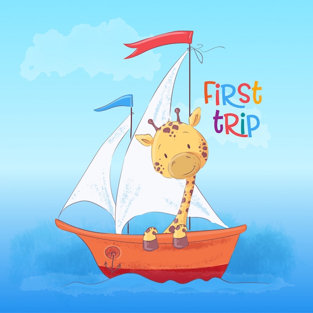 Illustration der netten giraffe schwimmend auf das boot. cartoon-stil. vektor Premium Vektoren