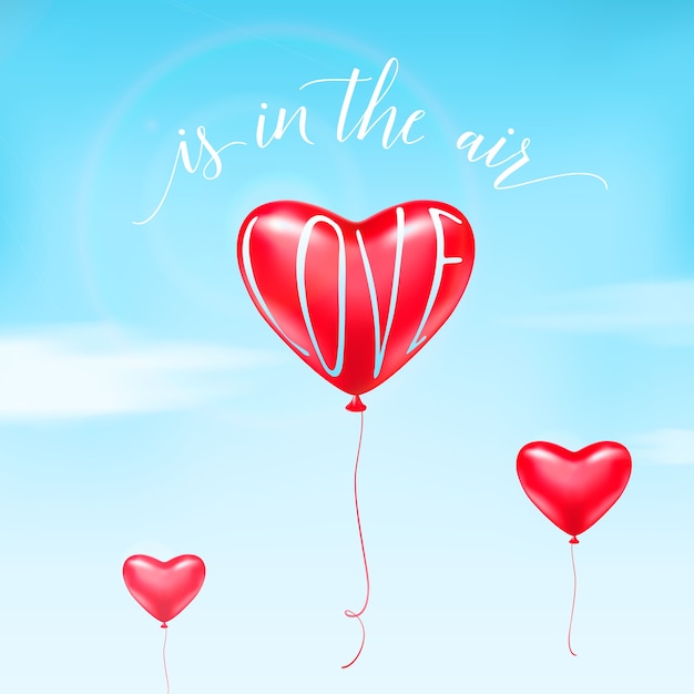 Illustration des herzballons im himmel, weiße wolken, kalligraphie