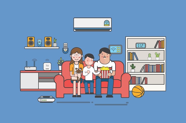 Illustration einer familie, die zu hause fernsieht Kostenlosen Vektoren
