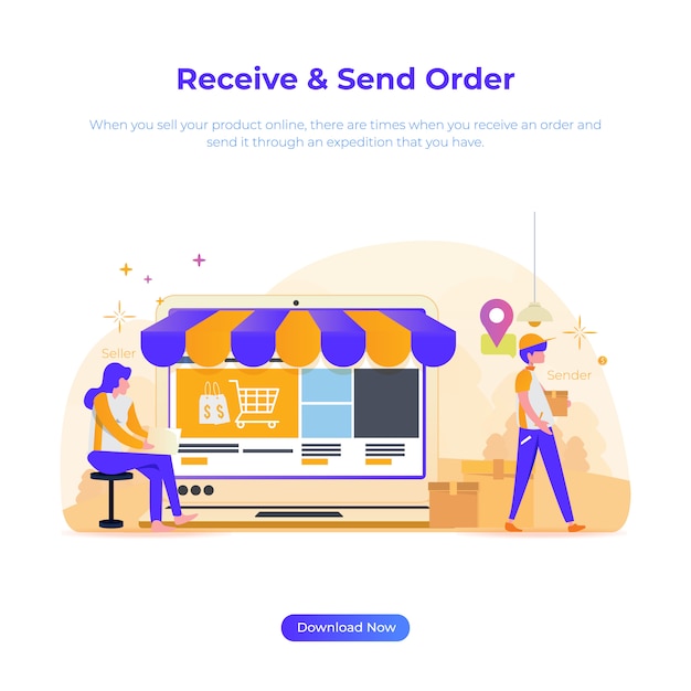 Illustration eines online-shops für verkäufer und absender Premium Vektoren