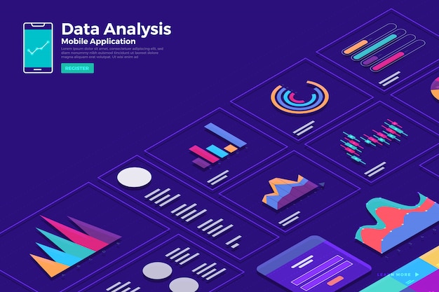 Illustration Konzept Isometrische Datenanalyse Und Bericht Statisch Mit Grafik Und Diagrammgrafik Vorlage Fur Website Vorlagenbanner Veranschaulichen Premium Vektor