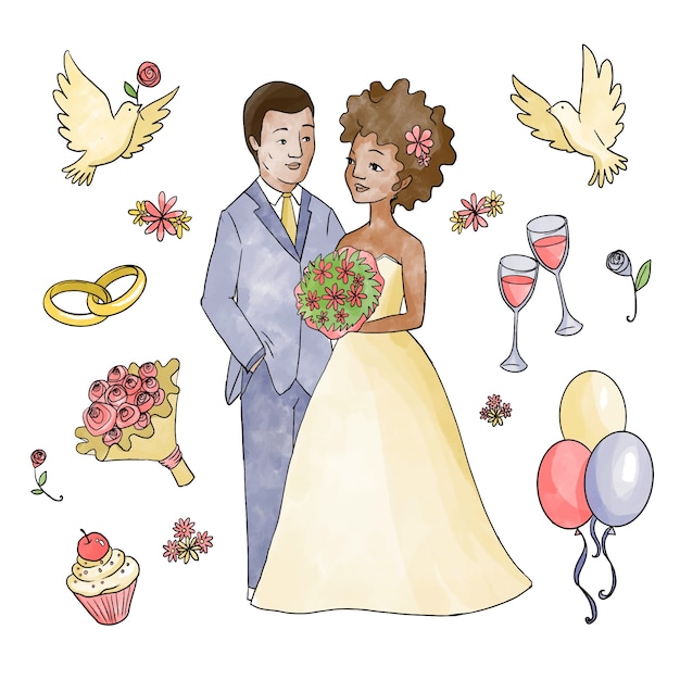 Illustration Mit Hochzeitspaar Kostenlose Vektor