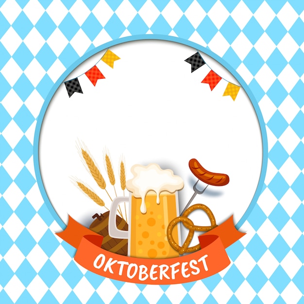 Illustration oktoberfest mit essen und drinkl auf blau Premium Vektoren