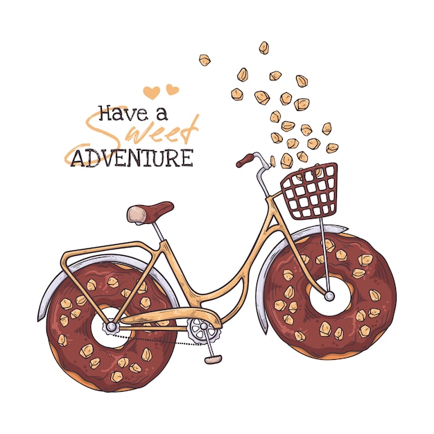Illustrationen skizzieren. fahrrad mit donuts anstelle von