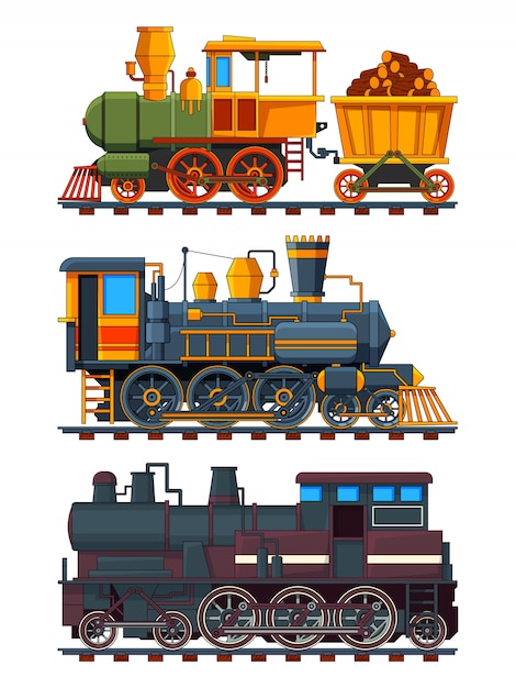 Illustrationen von retro-zügen mit wagen Premium Vektoren