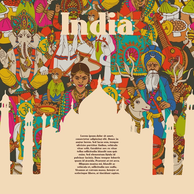 Indien Kulturelle Symbole Muster Poster Kostenlose Vektor