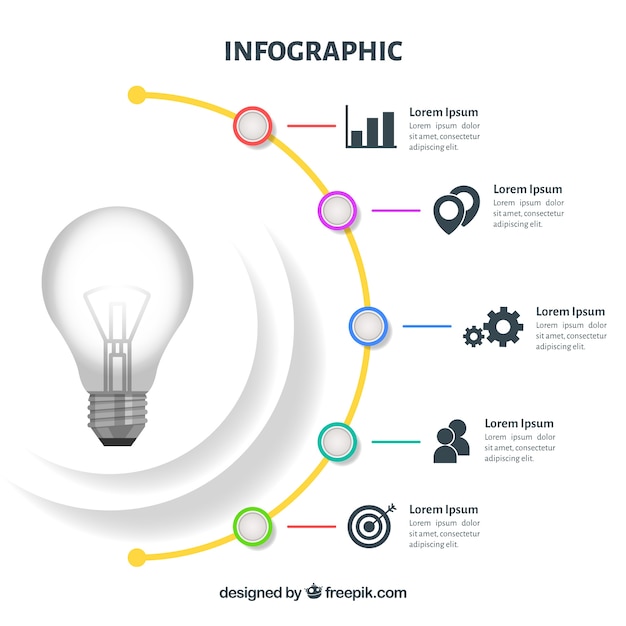 Infografik mit einer glühbirne im flachen design Kostenlosen Vektoren