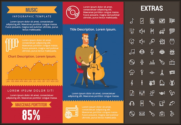 Infographic schablone, elemente und ikonen der musik Premium Vektoren