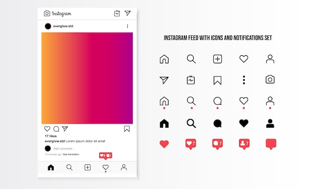 Instagram-feed mit symbolen und benachrichtigungen | Premium-Vektor