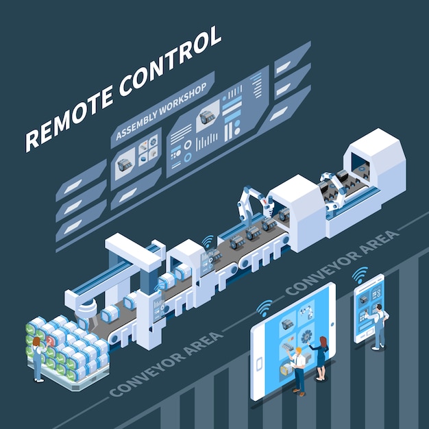 Intelligente Isometrische Zusammensetzung Der Industrie Mit Fernbedienung Des Fordersystems Bei Dunkelheit Kostenlose Vektor