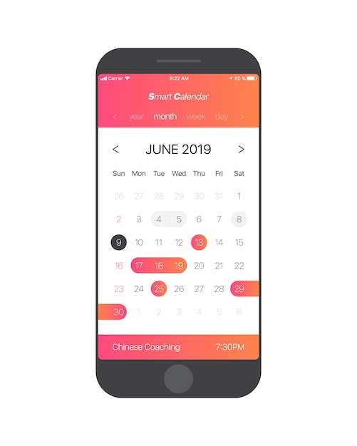 Intelligenter konzept-vektor des kalender-app ui Premium Vektoren