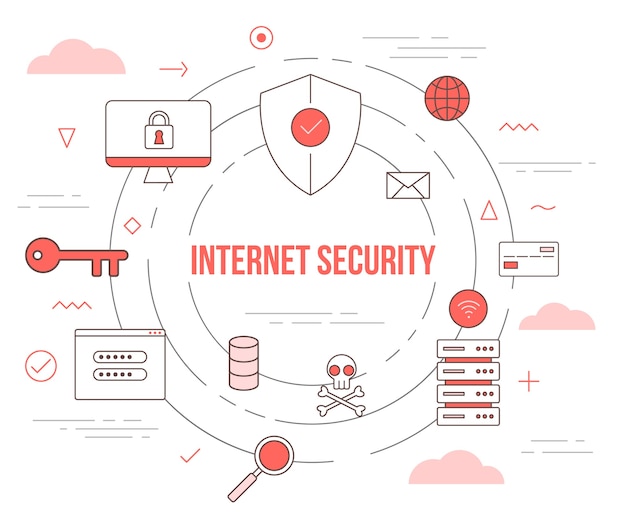 Internet Sicherheitstechnologiekonzept Mit Illustrationssatzschablone Mit Modernem Orangefarbenem Farbstil Premium Vektor