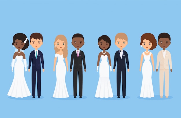 Interracial Braut Und Brautigam Mixed Brautpaar Cartoon Hochzeit Zeichen Stehen Isoliert Illustration Animierte Kaukasier Und Schwarze Ikonen Mannlich Weibliche Person Eben Premium Vektor