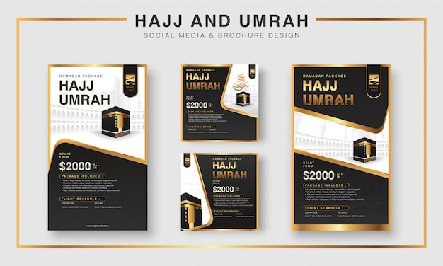 Islamische Ramadan Hajj Umrah Broschure Oder Flyer Und Social Media Vorlage Hintergrund Design Mit Betenden Handen Und Mekka Illustration Premium Vektor