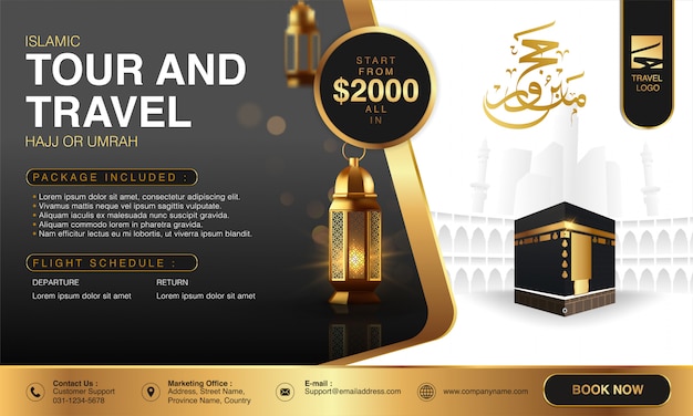 Islamische Ramadan Hajj Umrah Broschure Oder Flyer Vorlage Hintergrund Design Mit Betenden Handen Und Mekka Illustration In 3d Realistischen Design Premium Vektor