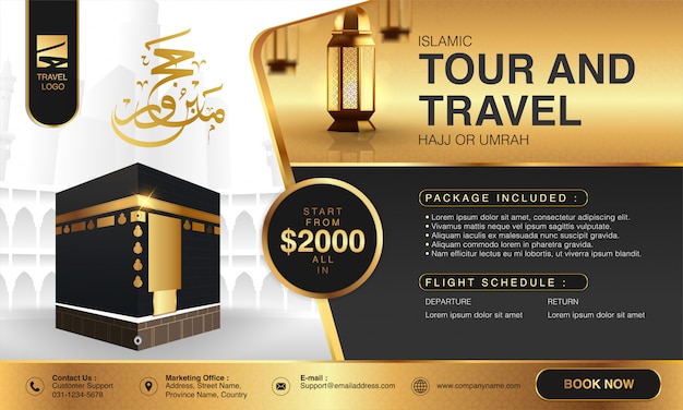 Islamische Ramadan Hajj Umrah Broschure Oder Flyer Vorlage Hintergrund Design Mit Betenden Handen Und Mekka Illustration In 3d Realistischen Design Premium Vektor