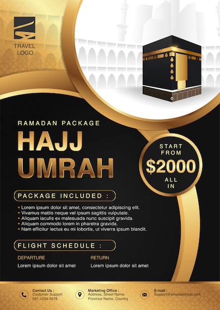 Islamische Ramadan Hajj Umrah Broschure Oder Flyer Vorlage Hintergrund Design Mit Betenden Handen Und Mekka Illustration In 3d Realistischen Design Premium Vektor