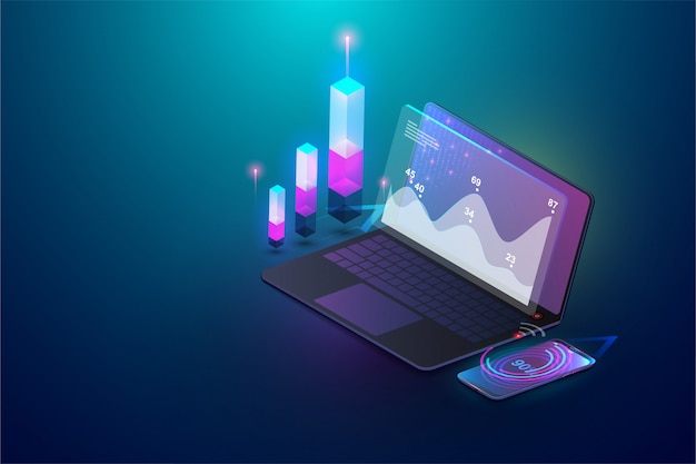 Isometrische analytische und infographic finanzelemente des geschäfts auf schirmlaptopkonzept. isometrischer satz infographics mit datenfinanzdiagrammen oder diagrammen und informationsdatenstatistik Premium Vektoren