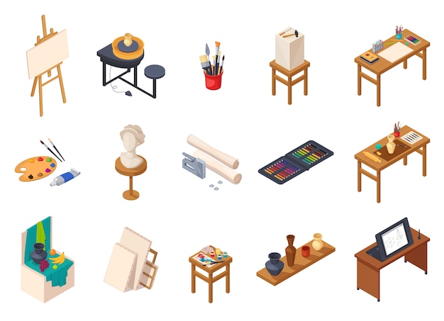 Isometrische innenelementsammlung des kunststudios mit lokalisierten malereiausrüstung schreibt tabellenregale mit trainingsproben vector illustration Kostenlosen Vektoren