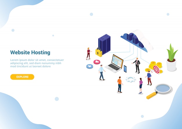 Isometrische web- oder website-hosting-business-service für web- oder website-vorlage Premium Vektoren