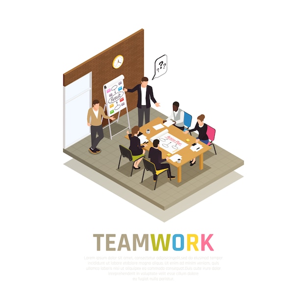 Isometrische Zusammensetzung Der Effektiven Teamwork Zusammenarbeit Mit Dem Projektmanager Der Die Sitzung Teilt Ideen Mit Arbeitsgruppe Halt Kostenlose Vektor