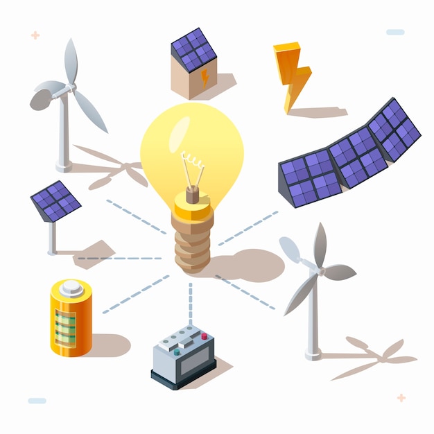 Isometrischer 3d Satz Alternativer Oko Erneuerbarer Energiequellen Symbole Fur Elektrische Energie Sonnenkollektoren Gluhbirne Windkraftanlagen Batterie Stromerzeuger Spannung Elektrische Symbole Kostenlose Vektor