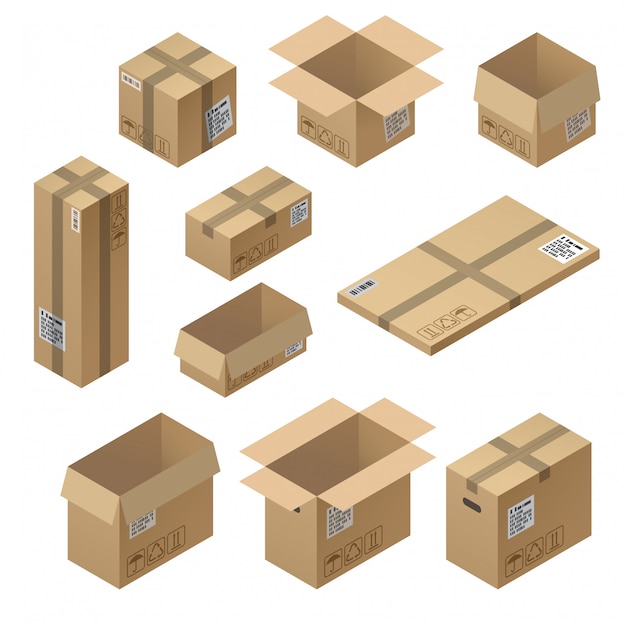 Isometrischer satz 3d pappverpackung, post für die lieferung lokalisiert auf weißem hintergrund Kostenlosen Vektoren