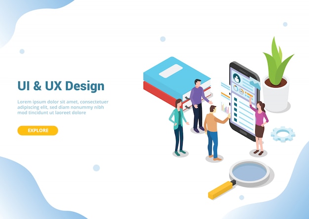 Isometrischer uiux-designer für website-vorlage Premium Vektoren