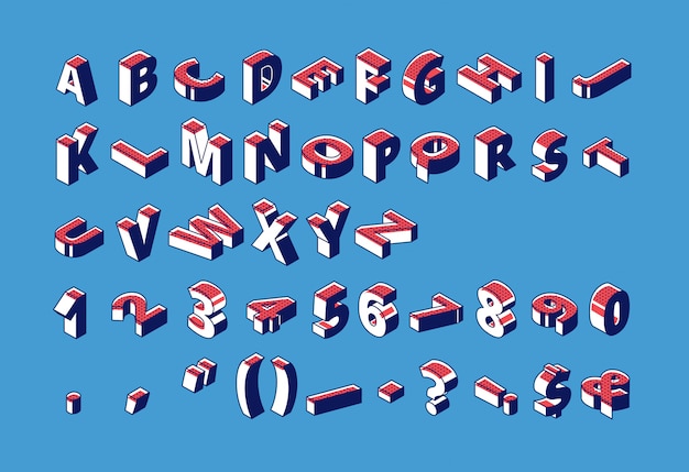 Isometrisches alphabet, zahlen und interpunktion mit den markierungen des punktierten musters, die in rohem auf blau stehen und liegen. Kostenlosen Vektoren