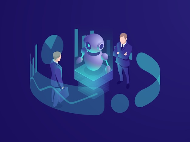 Isometrisches geschäftskonzept des mannes denkend, crm-system, roboter ai der künstlichen intelligenz Kostenlosen Vektoren