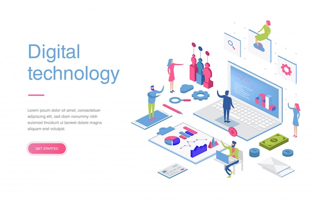 Isometrisches konzept des modernen flachen designs des digital-marketings für fahne und website. isometrische landingpage-vorlage. geschäftsanalyse, content-strategie und management Premium Vektoren