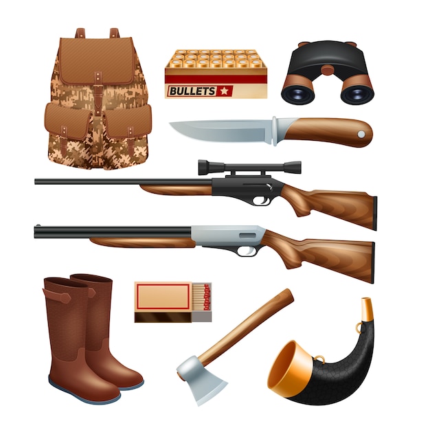 Jagdgerät- und ausrüstungsikonen stellten mit gewehrmessern und überlebensausrüstung ein Kostenlosen Vektoren