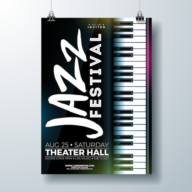 Jazz music festival flyer design mit klaviertastatur Premium Vektoren
