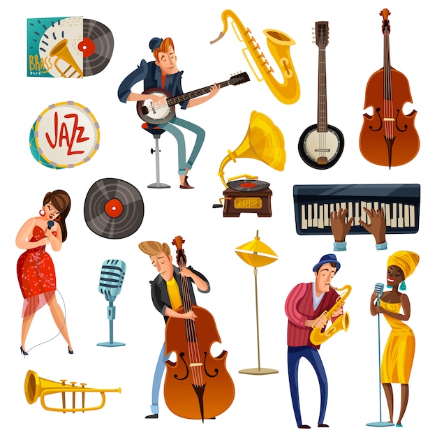 Jazz Musik Cartoon Set Kostenlose Vektor