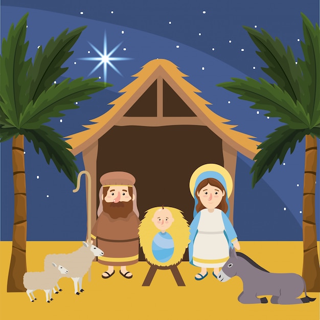 Joseph Mit Maria Und Jesus In Der Krippe Premium Vektor