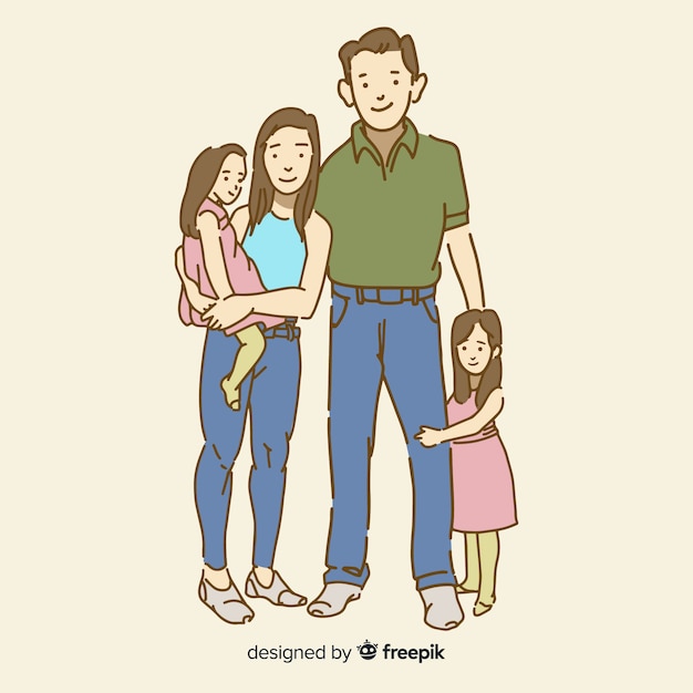 Junge familie in der koreanischen zeichnungsart Kostenlosen Vektoren