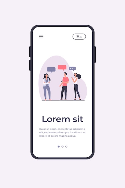 Junge Leute Stehen Und Reden Miteinander Sprachblase Smartphone Flache Vektorillustration Des Madchens Kommunikations Und Diskussionskonzept Vorlage Fur Mobile Apps Kostenlose Vektor